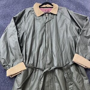 Vintage Woolrich Coat Mens XL Green Waxed Cotton Plaid Lined Belted Trench 90s